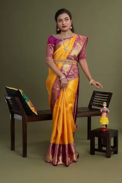 Yellow And Pink Kanjeevaram Pattu Saree 